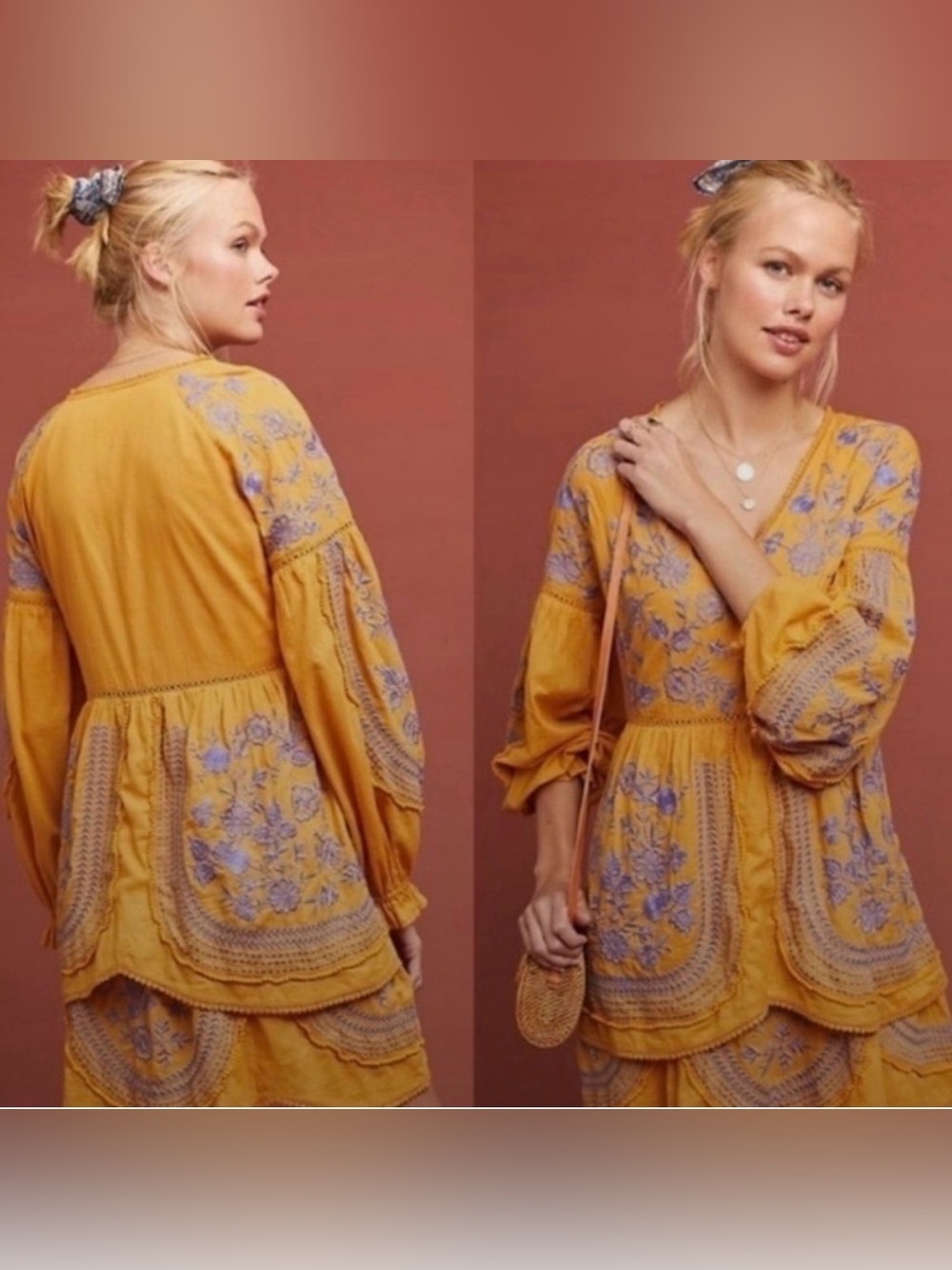 Meadow Rue Anthropologie Women large Yellow Purple Lisette Dress Balloon Sleeve